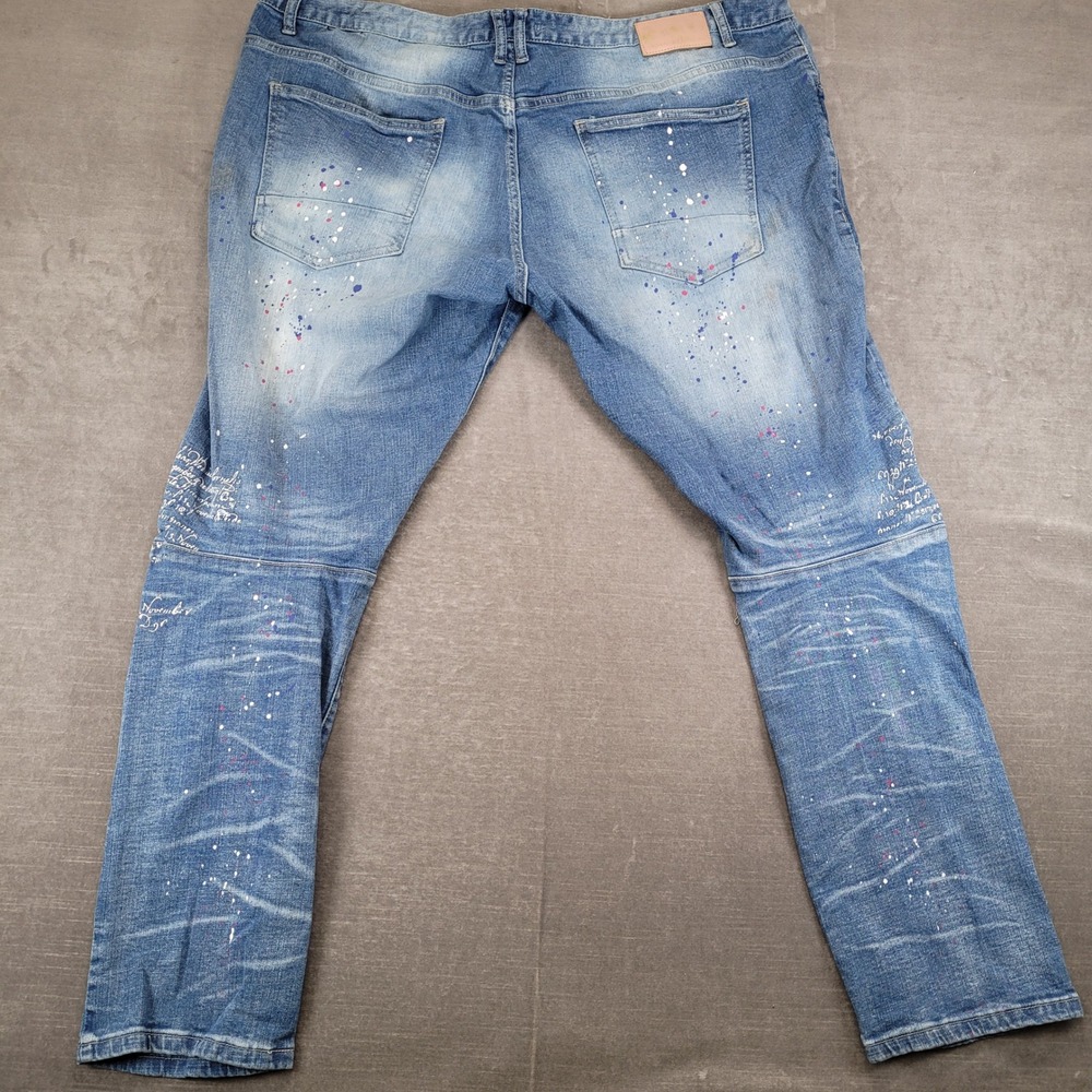 Smoke Rise Mens Distressed Paint Splatter Rhinestone Script Jeans Blue 43x33 - Picture 9 of 9